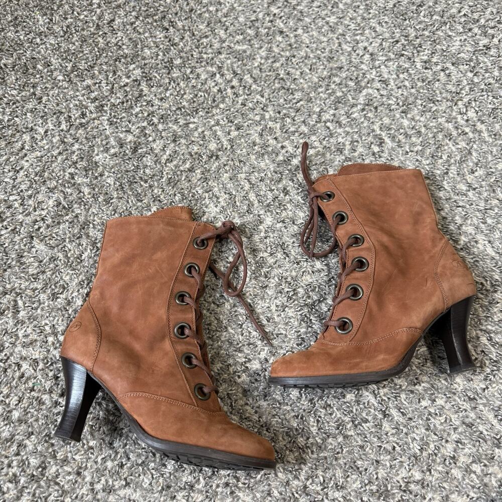 VTG Bronx Brown Genuine Leather Kitten Heel Boots Lace Up Zip 38 US 7.5 90s